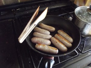 Beginning to show a little colour... they have been cooking on the lowest heat, you must never be brutal with a good sausage; no-one likes anything burnt on the outside and raw within