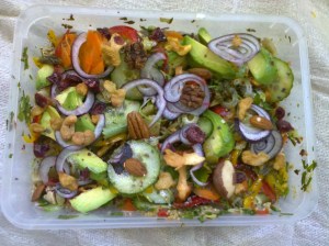 pickled mustard greens, avocado, tomato, read and yellow peppers, red onion, celery, cucumber, mixed nuts, chia seeds, flax seeds, carrot, olive oil